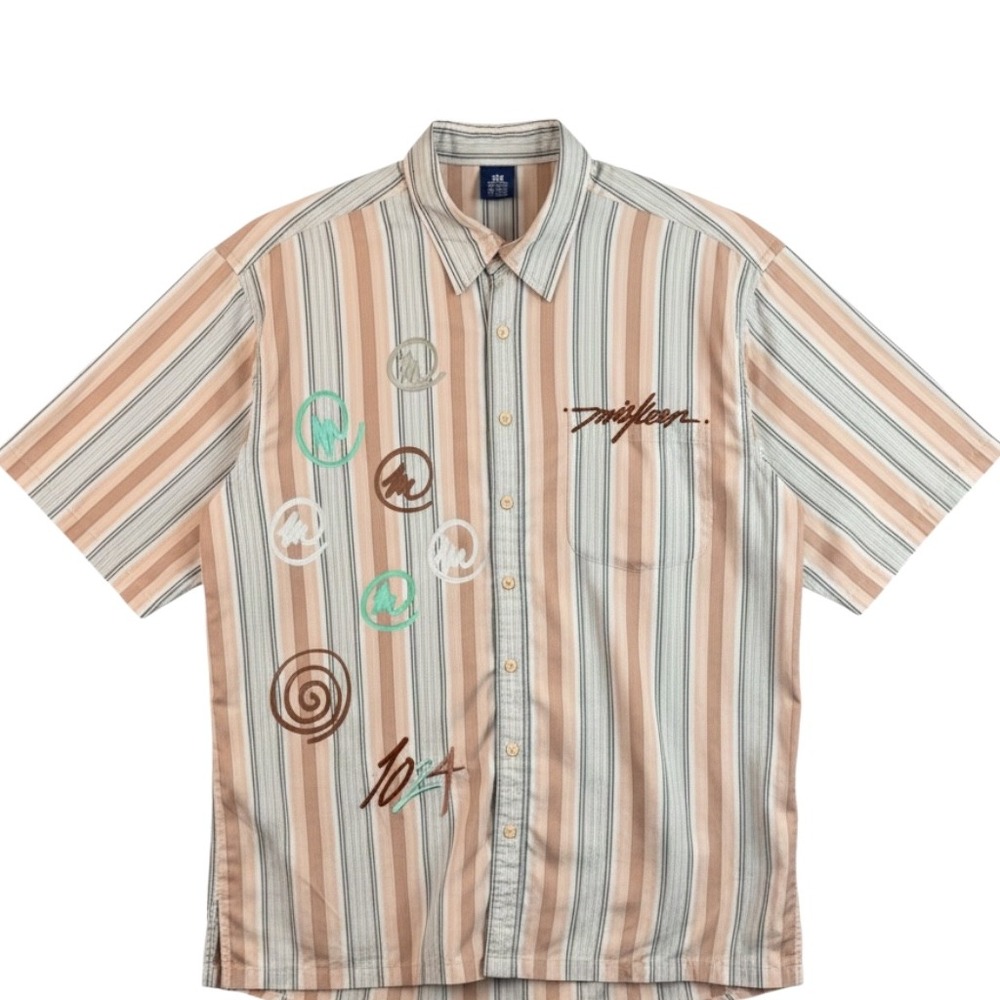 Miskeen Originals Mens 2X Short Sleeve Button Up Striped Graphic Shirt Tan Brown